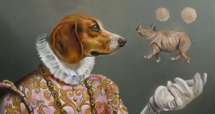 Het kostuum van de hond is een belangrijk deel van het schilderij